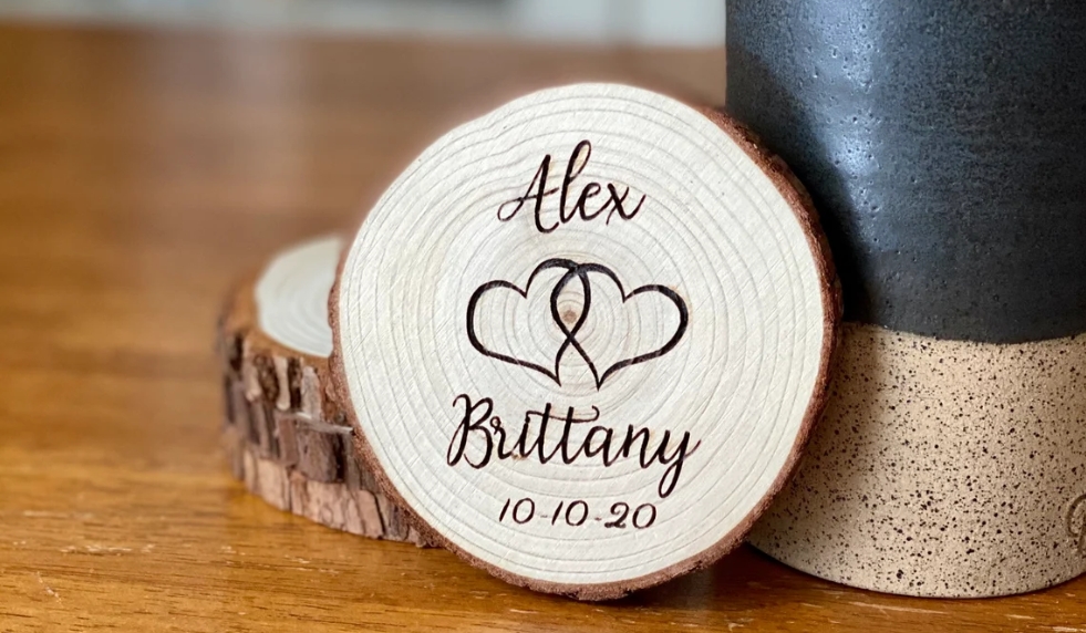 valentine's day laser engraved wooden coaster